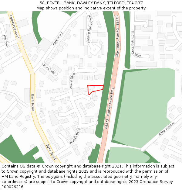 58, PEVERIL BANK, DAWLEY BANK, TELFORD, TF4 2BZ: Location map and indicative extent of plot