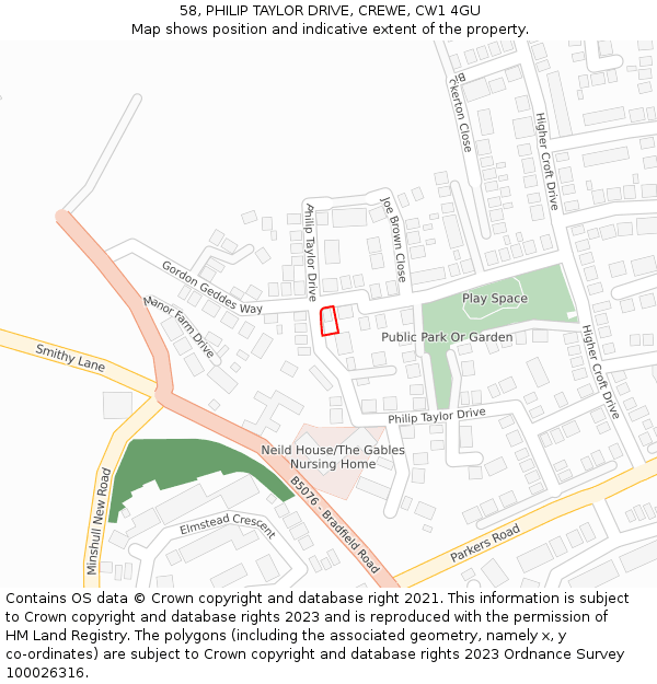 58, PHILIP TAYLOR DRIVE, CREWE, CW1 4GU: Location map and indicative extent of plot