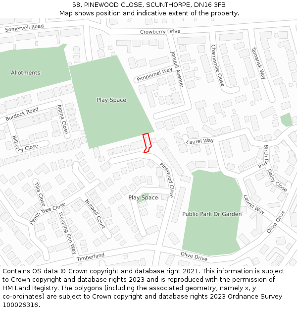 58, PINEWOOD CLOSE, SCUNTHORPE, DN16 3FB: Location map and indicative extent of plot