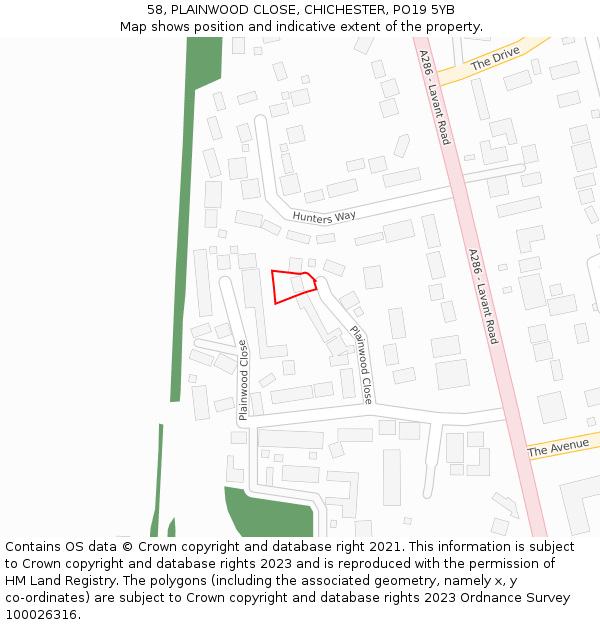 58, PLAINWOOD CLOSE, CHICHESTER, PO19 5YB: Location map and indicative extent of plot
