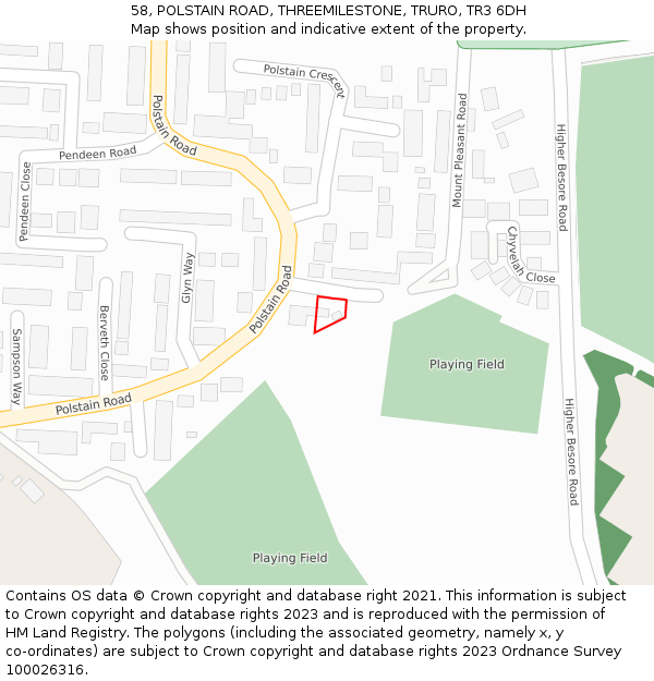 58, POLSTAIN ROAD, THREEMILESTONE, TRURO, TR3 6DH: Location map and indicative extent of plot