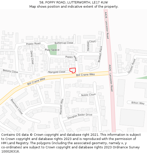 58, POPPY ROAD, LUTTERWORTH, LE17 4UW: Location map and indicative extent of plot