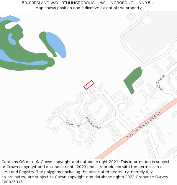 58, PRESLAND WAY, IRTHLINGBOROUGH, WELLINGBOROUGH, NN9 5UL: Location map and indicative extent of plot