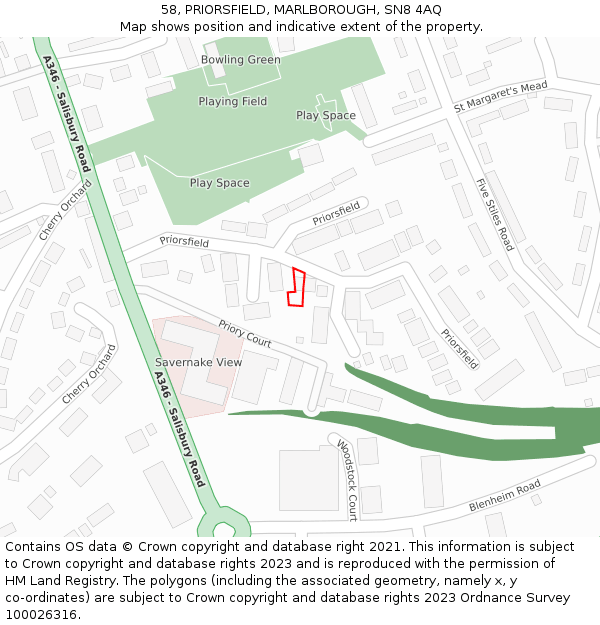 58, PRIORSFIELD, MARLBOROUGH, SN8 4AQ: Location map and indicative extent of plot