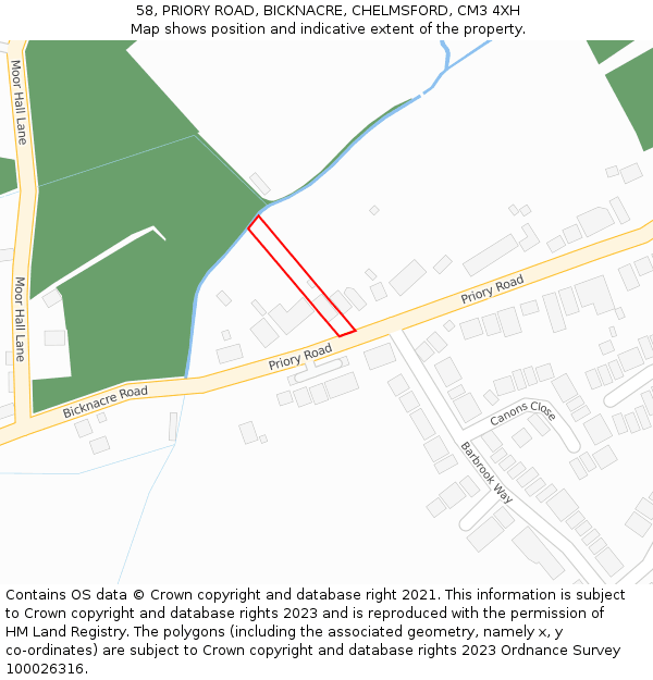 58, PRIORY ROAD, BICKNACRE, CHELMSFORD, CM3 4XH: Location map and indicative extent of plot