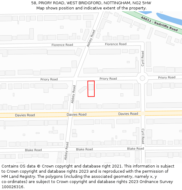 58, PRIORY ROAD, WEST BRIDGFORD, NOTTINGHAM, NG2 5HW: Location map and indicative extent of plot