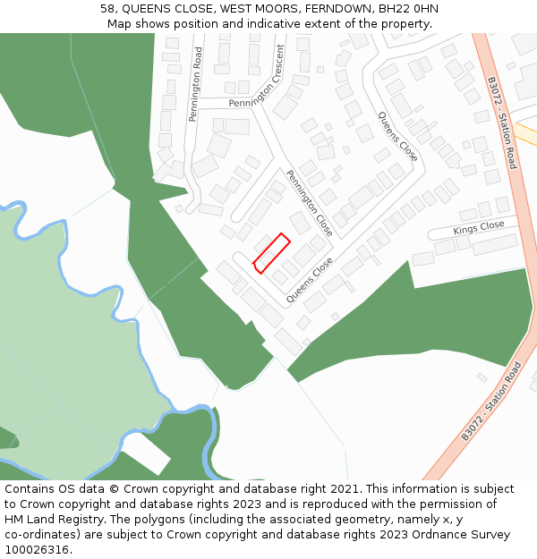 58, QUEENS CLOSE, WEST MOORS, FERNDOWN, BH22 0HN: Location map and indicative extent of plot