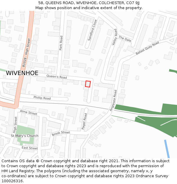 58, QUEENS ROAD, WIVENHOE, COLCHESTER, CO7 9JJ: Location map and indicative extent of plot