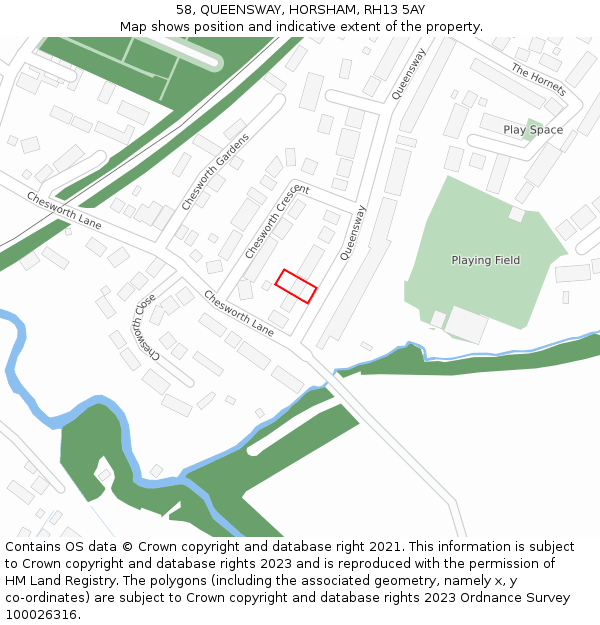 58, QUEENSWAY, HORSHAM, RH13 5AY: Location map and indicative extent of plot