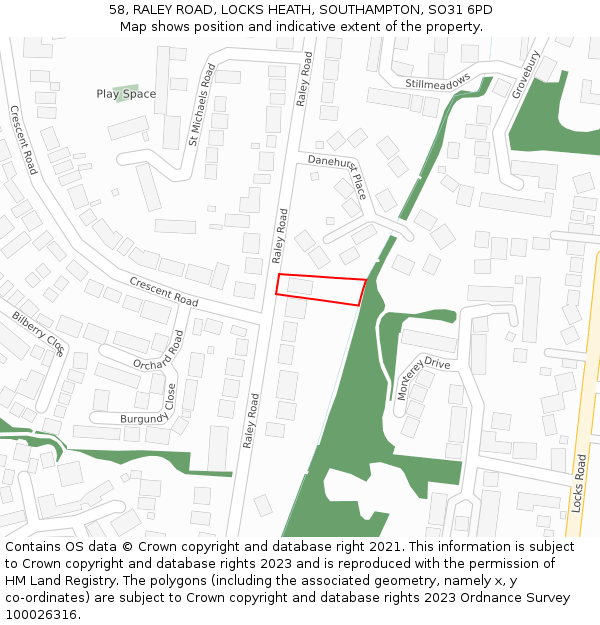 58, RALEY ROAD, LOCKS HEATH, SOUTHAMPTON, SO31 6PD: Location map and indicative extent of plot