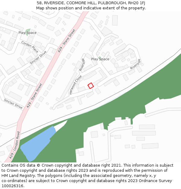 58, RIVERSIDE, CODMORE HILL, PULBOROUGH, RH20 1FJ: Location map and indicative extent of plot