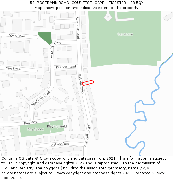 58, ROSEBANK ROAD, COUNTESTHORPE, LEICESTER, LE8 5QY: Location map and indicative extent of plot