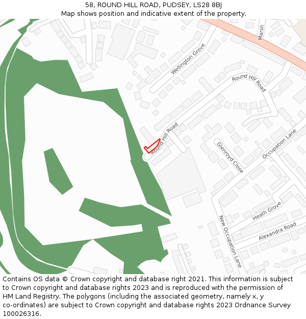 58, ROUND HILL ROAD, PUDSEY, LS28 8BJ: Location map and indicative extent of plot