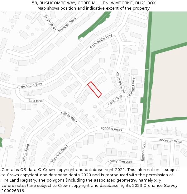 58, RUSHCOMBE WAY, CORFE MULLEN, WIMBORNE, BH21 3QX: Location map and indicative extent of plot