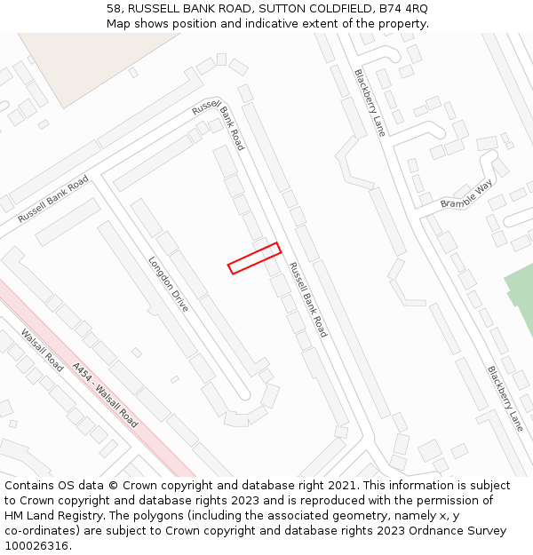 58, RUSSELL BANK ROAD, SUTTON COLDFIELD, B74 4RQ: Location map and indicative extent of plot