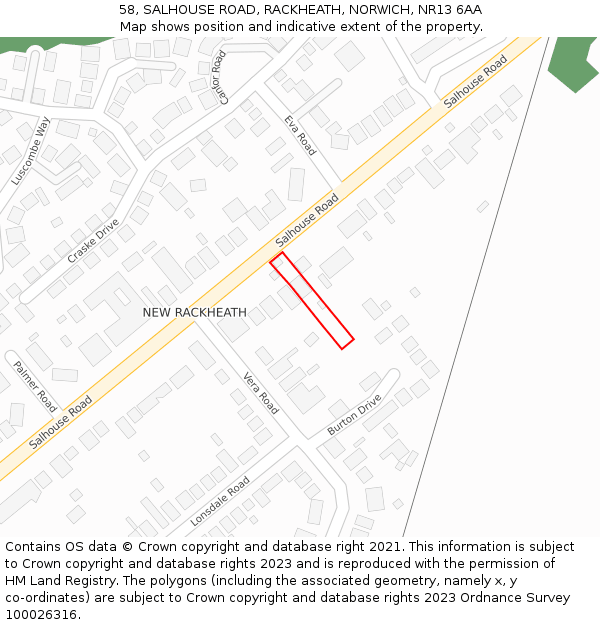 58, SALHOUSE ROAD, RACKHEATH, NORWICH, NR13 6AA: Location map and indicative extent of plot