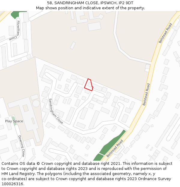 58, SANDRINGHAM CLOSE, IPSWICH, IP2 9DT: Location map and indicative extent of plot