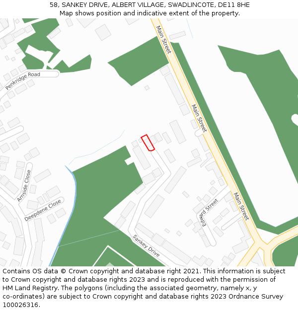 58, SANKEY DRIVE, ALBERT VILLAGE, SWADLINCOTE, DE11 8HE: Location map and indicative extent of plot
