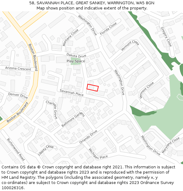 58, SAVANNAH PLACE, GREAT SANKEY, WARRINGTON, WA5 8GN: Location map and indicative extent of plot