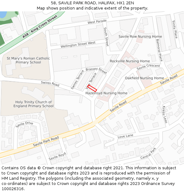 58, SAVILE PARK ROAD, HALIFAX, HX1 2EN: Location map and indicative extent of plot