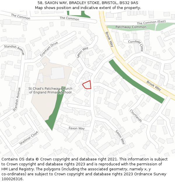 58, SAXON WAY, BRADLEY STOKE, BRISTOL, BS32 9AS: Location map and indicative extent of plot