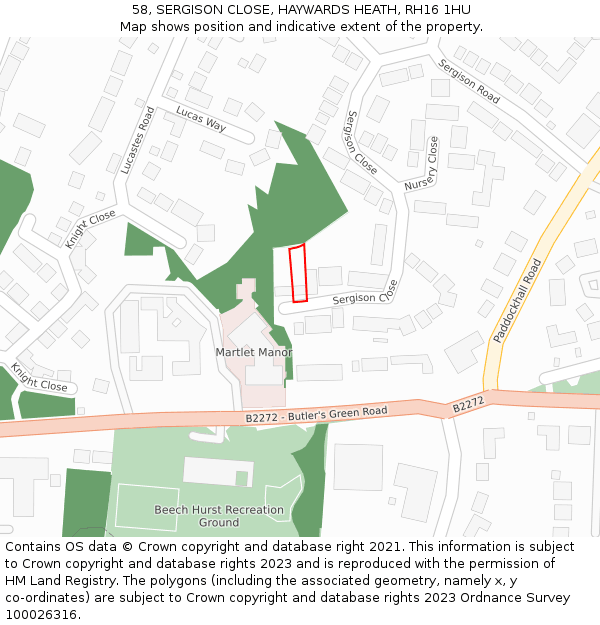 58, SERGISON CLOSE, HAYWARDS HEATH, RH16 1HU: Location map and indicative extent of plot