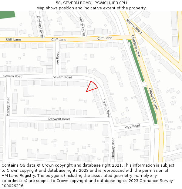 58, SEVERN ROAD, IPSWICH, IP3 0PU: Location map and indicative extent of plot