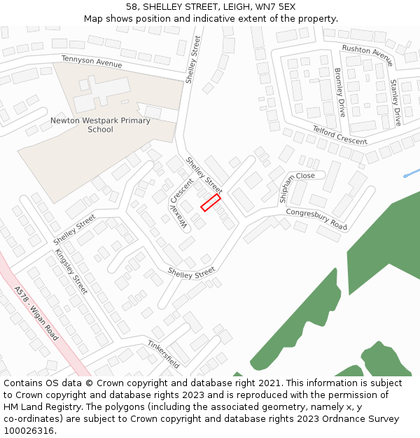 58, SHELLEY STREET, LEIGH, WN7 5EX: Location map and indicative extent of plot