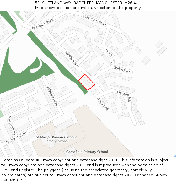 58, SHETLAND WAY, RADCLIFFE, MANCHESTER, M26 4UH: Location map and indicative extent of plot