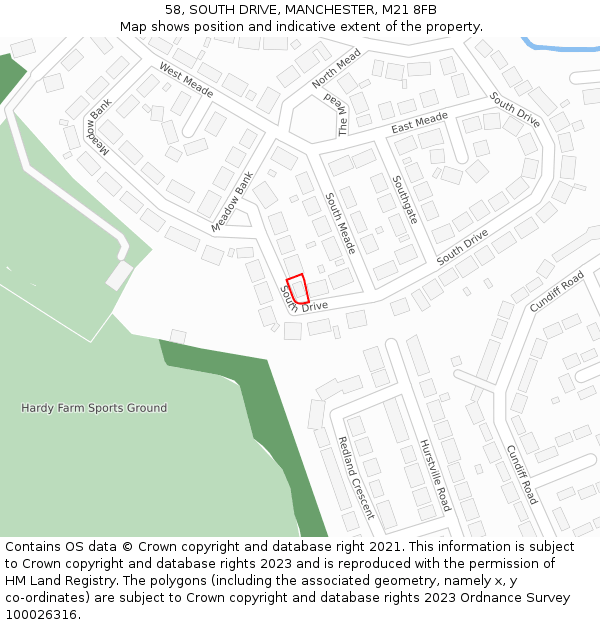 58, SOUTH DRIVE, MANCHESTER, M21 8FB: Location map and indicative extent of plot