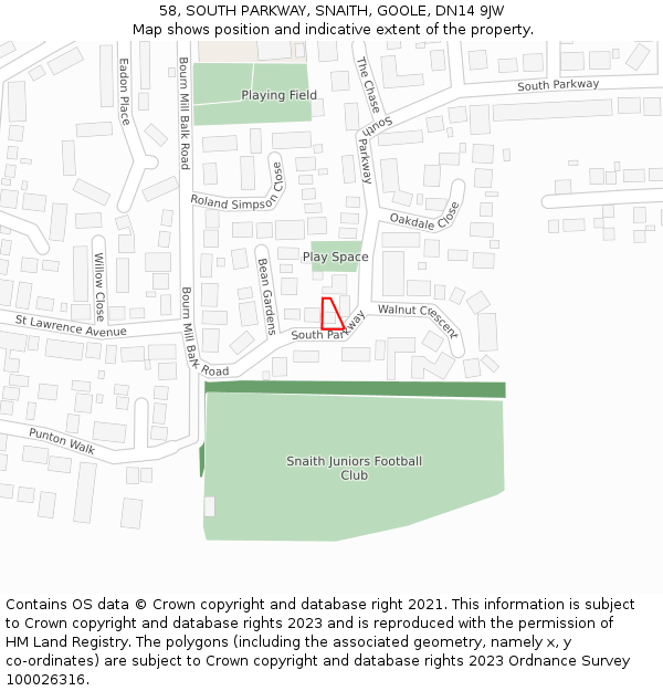 58, SOUTH PARKWAY, SNAITH, GOOLE, DN14 9JW: Location map and indicative extent of plot