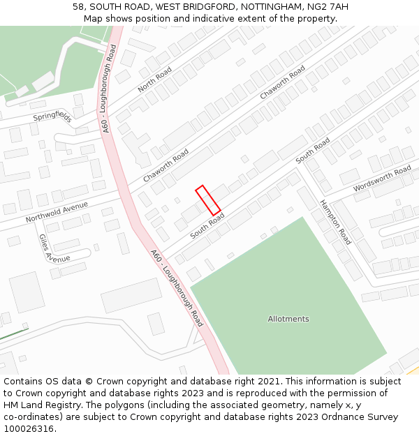 58, SOUTH ROAD, WEST BRIDGFORD, NOTTINGHAM, NG2 7AH: Location map and indicative extent of plot