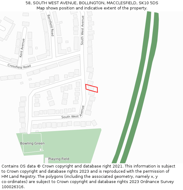 58, SOUTH WEST AVENUE, BOLLINGTON, MACCLESFIELD, SK10 5DS: Location map and indicative extent of plot