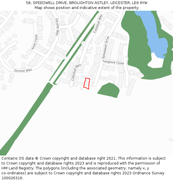 58, SPEEDWELL DRIVE, BROUGHTON ASTLEY, LEICESTER, LE9 6YW: Location map and indicative extent of plot