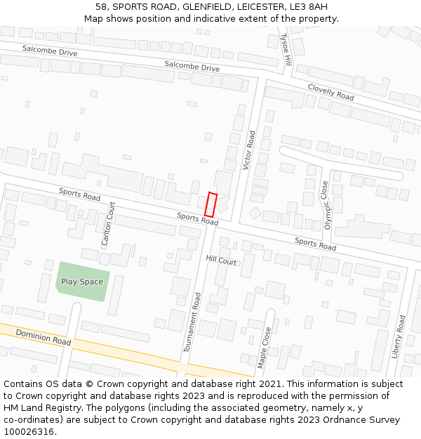 58, SPORTS ROAD, GLENFIELD, LEICESTER, LE3 8AH: Location map and indicative extent of plot