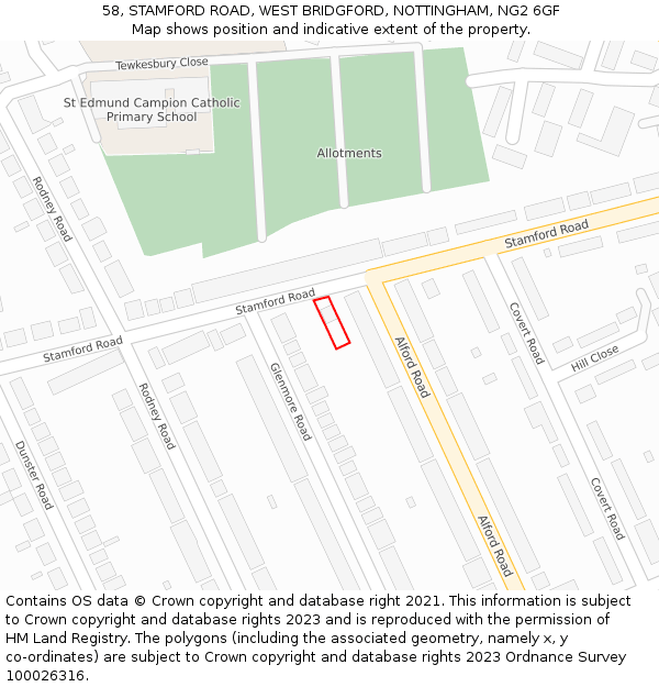 58, STAMFORD ROAD, WEST BRIDGFORD, NOTTINGHAM, NG2 6GF: Location map and indicative extent of plot