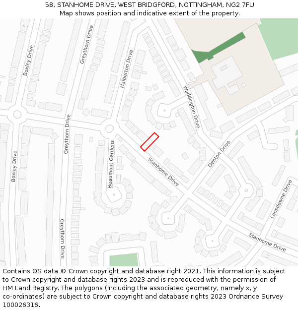 58, STANHOME DRIVE, WEST BRIDGFORD, NOTTINGHAM, NG2 7FU: Location map and indicative extent of plot