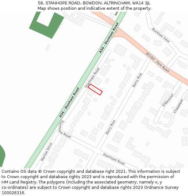 58, STANHOPE ROAD, BOWDON, ALTRINCHAM, WA14 3JL: Location map and indicative extent of plot