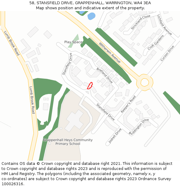 58, STANSFIELD DRIVE, GRAPPENHALL, WARRINGTON, WA4 3EA: Location map and indicative extent of plot