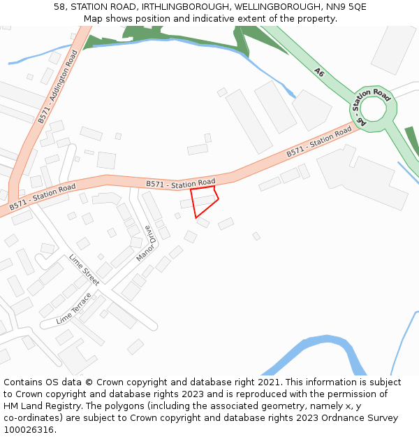 58, STATION ROAD, IRTHLINGBOROUGH, WELLINGBOROUGH, NN9 5QE: Location map and indicative extent of plot