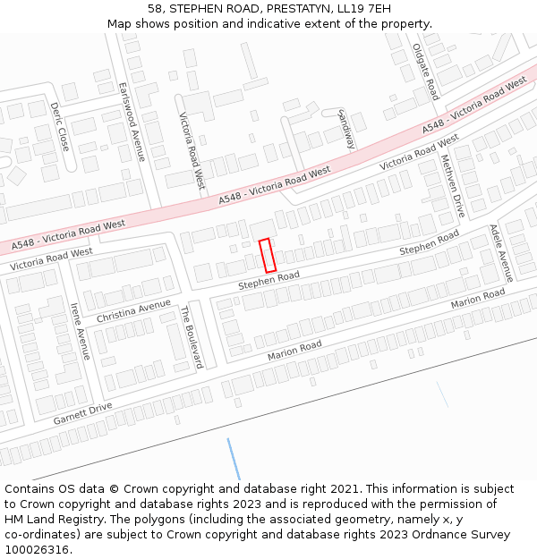 58, STEPHEN ROAD, PRESTATYN, LL19 7EH: Location map and indicative extent of plot