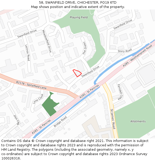 58, SWANFIELD DRIVE, CHICHESTER, PO19 6TD: Location map and indicative extent of plot