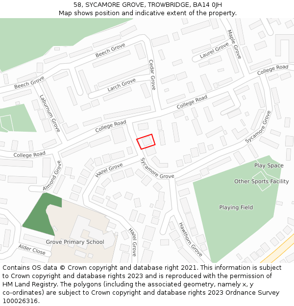 58, SYCAMORE GROVE, TROWBRIDGE, BA14 0JH: Location map and indicative extent of plot