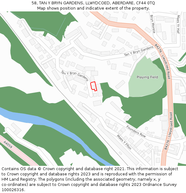 58, TAN Y BRYN GARDENS, LLWYDCOED, ABERDARE, CF44 0TQ: Location map and indicative extent of plot