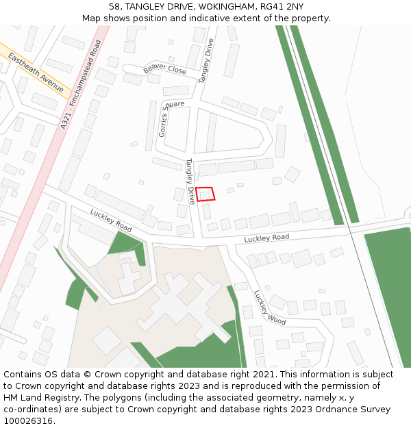 58, TANGLEY DRIVE, WOKINGHAM, RG41 2NY: Location map and indicative extent of plot