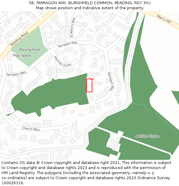 58, TARRAGON WAY, BURGHFIELD COMMON, READING, RG7 3YU: Location map and indicative extent of plot