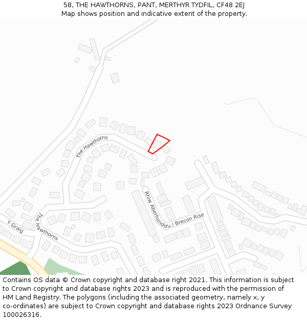 58, THE HAWTHORNS, PANT, MERTHYR TYDFIL, CF48 2EJ: Location map and indicative extent of plot