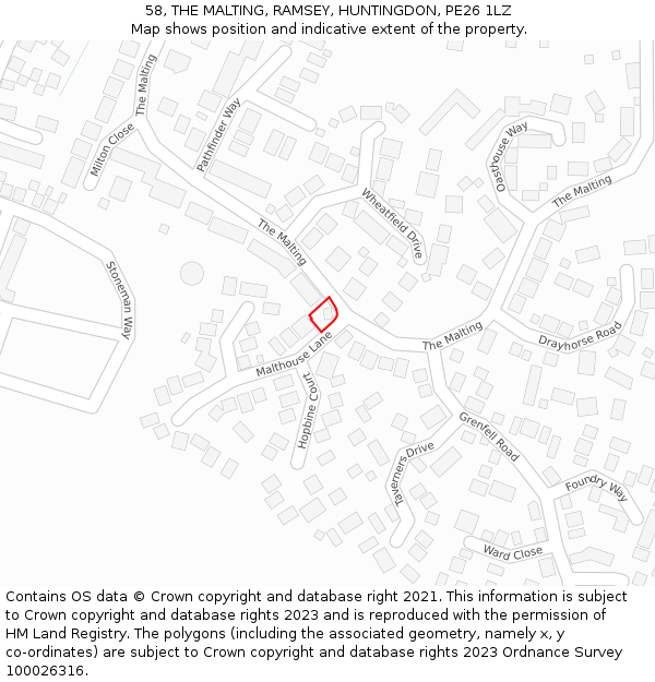 58, THE MALTING, RAMSEY, HUNTINGDON, PE26 1LZ: Location map and indicative extent of plot