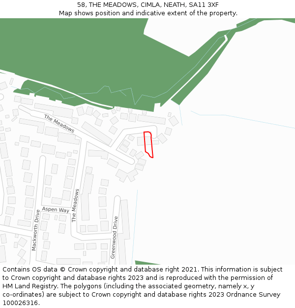 58, THE MEADOWS, CIMLA, NEATH, SA11 3XF: Location map and indicative extent of plot