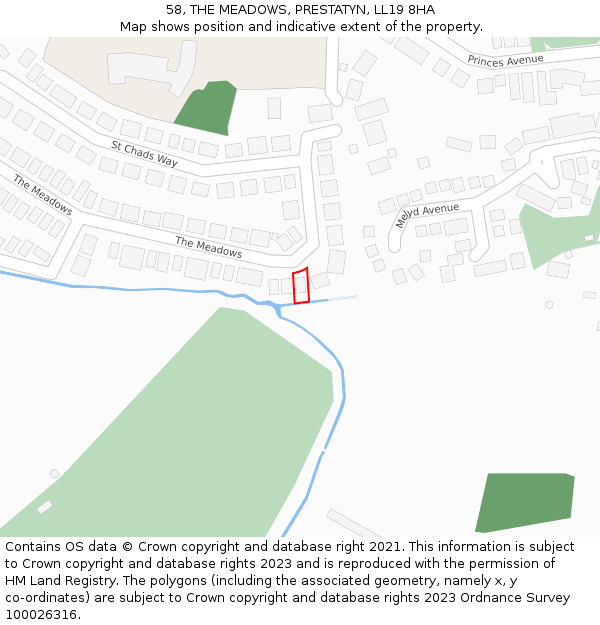 58, THE MEADOWS, PRESTATYN, LL19 8HA: Location map and indicative extent of plot